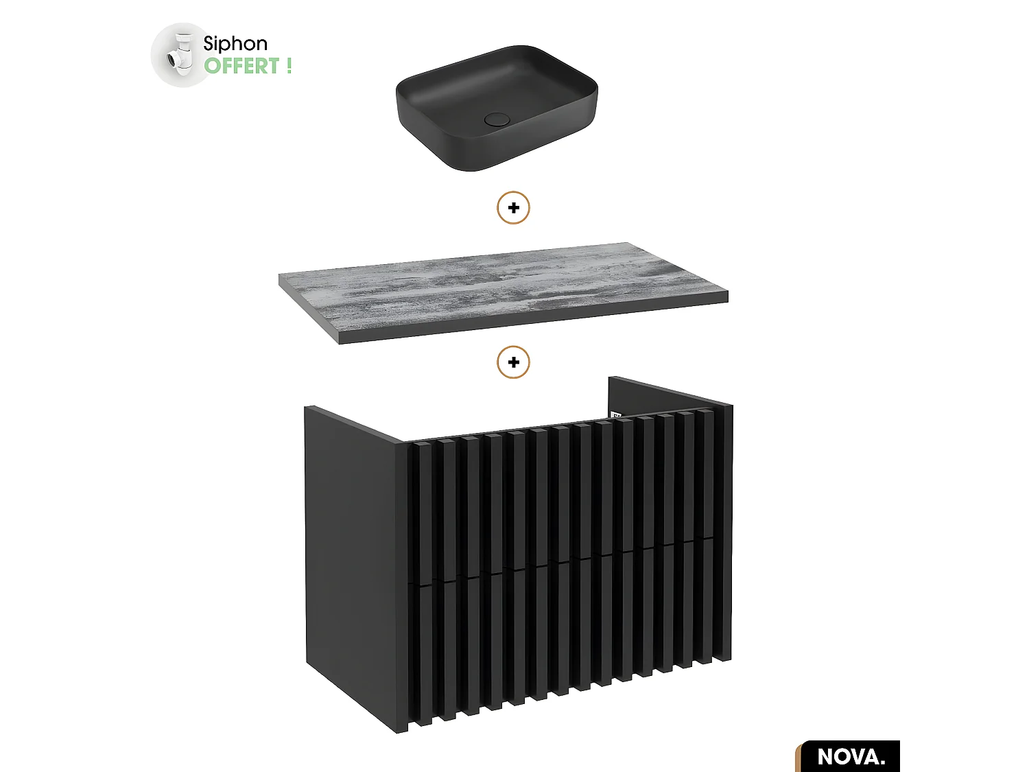 Ensemble meuble sous vasque avec vasque à poser - Siphon OFFERT | NOVA | NOIR | 80 x 56 x 45 cm