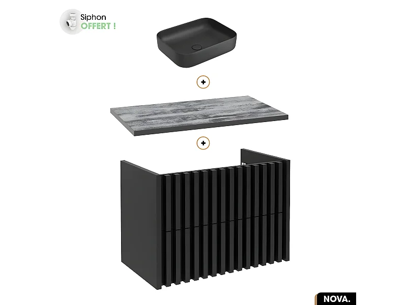 Ensemble meuble sous vasque avec vasque à poser - Siphon OFFERT | NOVA | NOIR | 80 x 56 x 45 cm