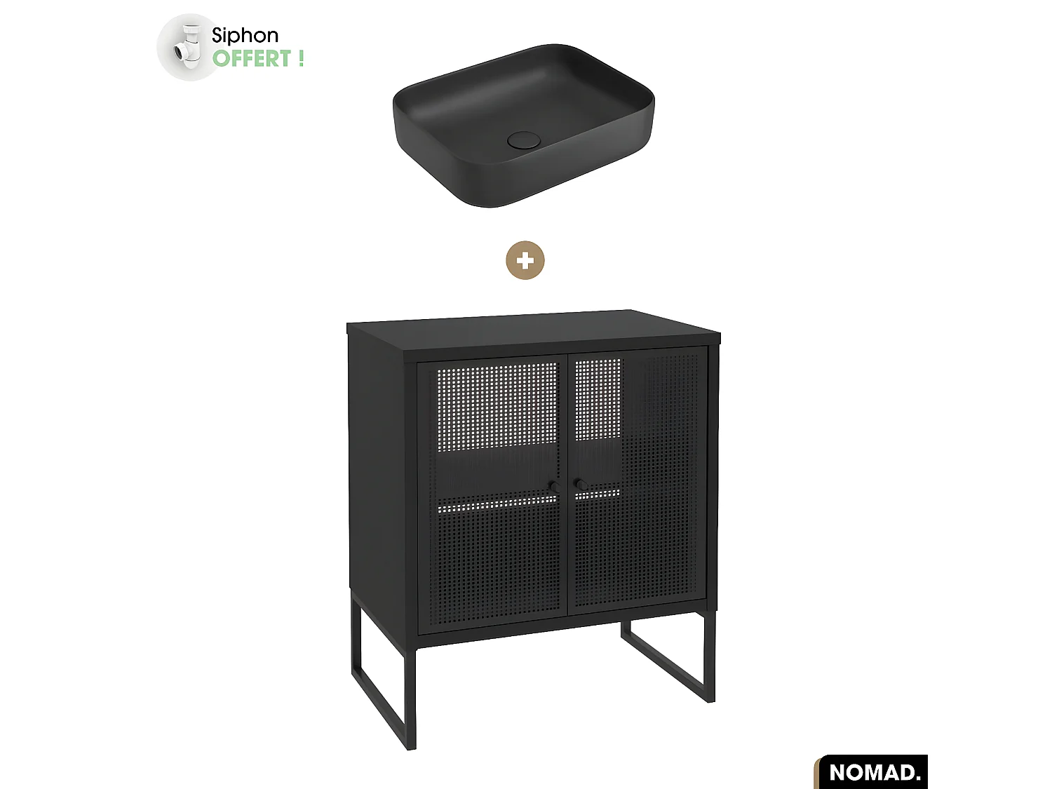 Ensemble meuble sous vasque avec vasque à poser - Siphon OFFERT | NOMAD | NOIR | 70 x 80 x 43 cm
