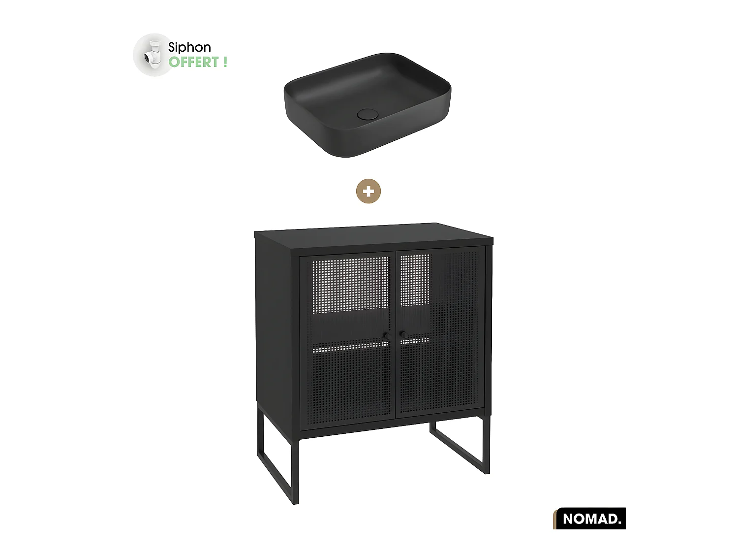 Ensemble meuble sous vasque avec vasque à poser - Siphon OFFERT | NOMAD | NOIR | 70 x 80 x 43 cm