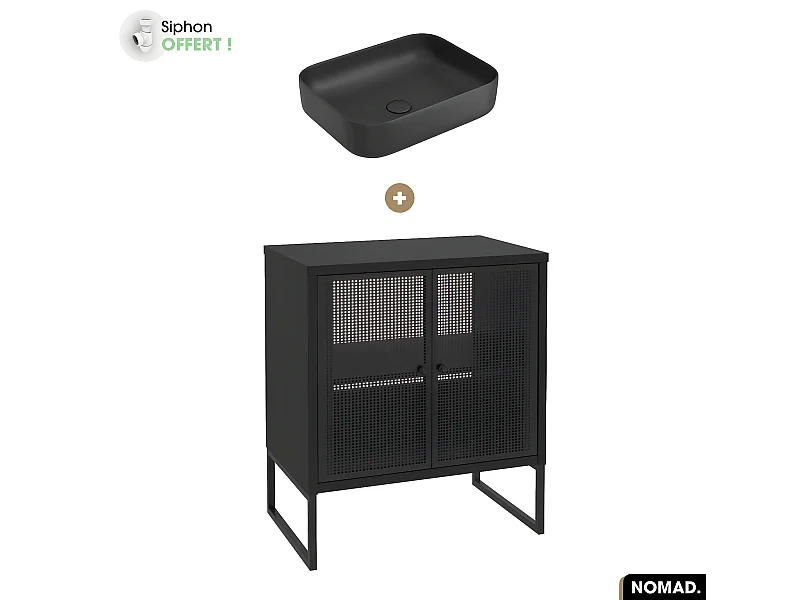 Ensemble meuble sous vasque avec vasque à poser - Siphon OFFERT | NOMAD | NOIR | 70 x 80 x 43 cm