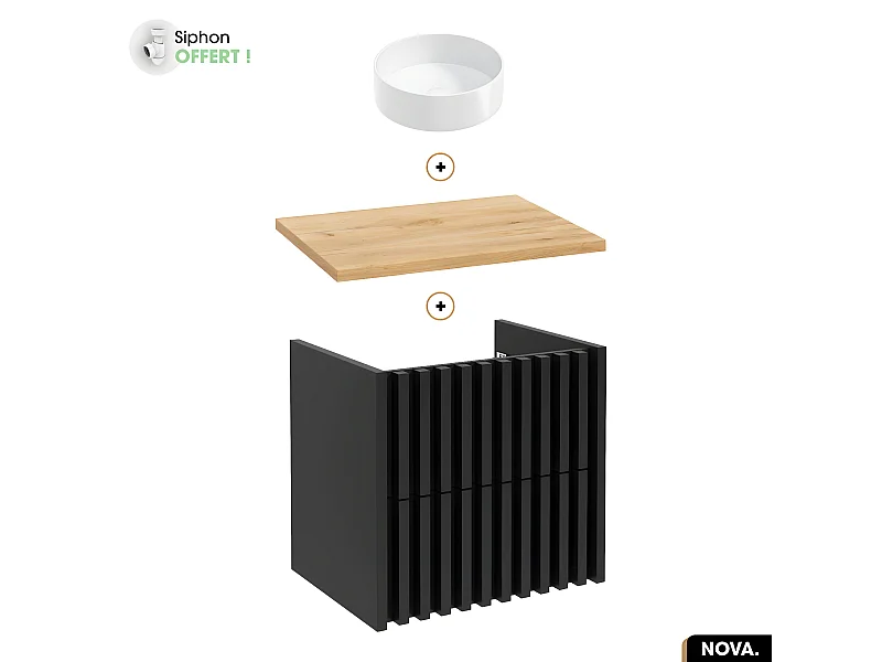Ensemble meuble sous vasque avec vasque à poser - Siphon OFFERT | NOVA | OAK | 60 x 56 x 45 cm