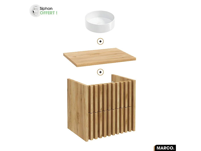 Ensemble meuble sous vasque avec vasque à poser - Siphon OFFERT | MARCO | OAK | 60 x 56 x 45 cm