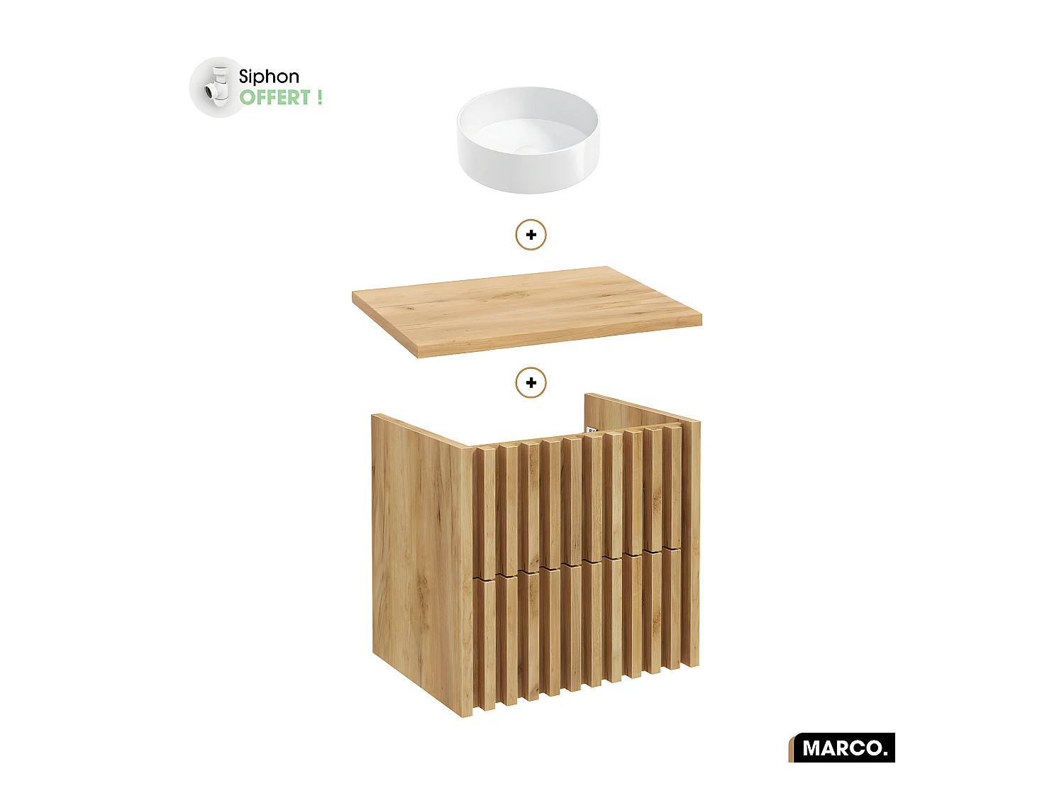 Ensemble meuble sous vasque avec vasque à poser - Siphon OFFERT | MARCO | OAK | 60 x 56 x 45 cm