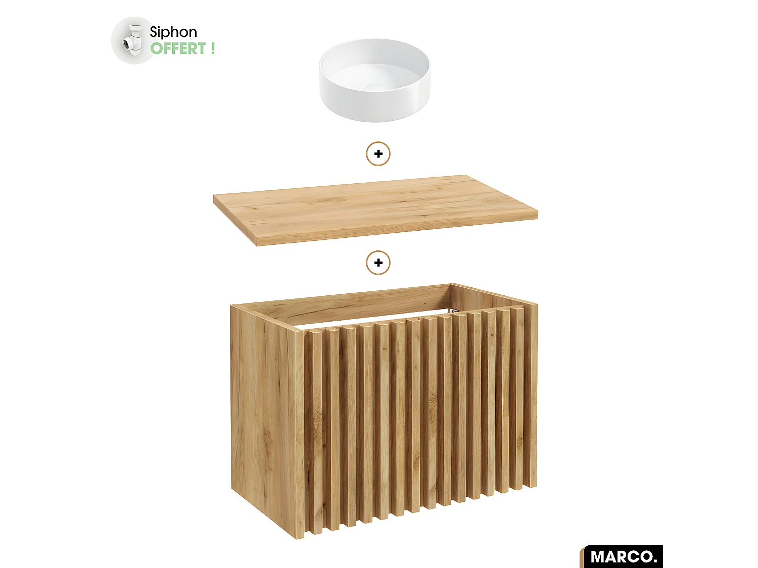 Ensemble meuble sous vasque avec vasque à poser - Siphon OFFERT | MARCO | OAK | 80 x 56 x 45 cm