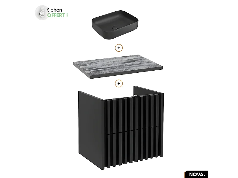 Ensemble meuble sous vasque avec vasque à poser - Siphon OFFERT | NOVA | NOIR | 60 x 56 x 45 cm