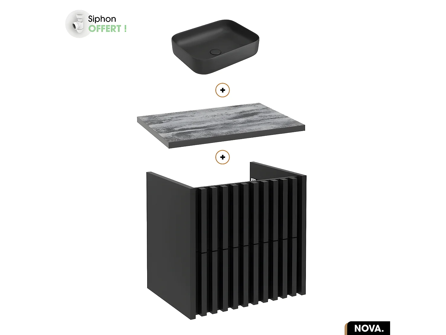 Ensemble meuble sous vasque avec vasque à poser - Siphon OFFERT | NOVA | NOIR | 60 x 56 x 45 cm
