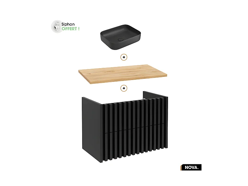 Ensemble meuble sous vasque avec vasque à poser - Siphon OFFERT | NOVA | OAK | 80 x 56 x 45 cm