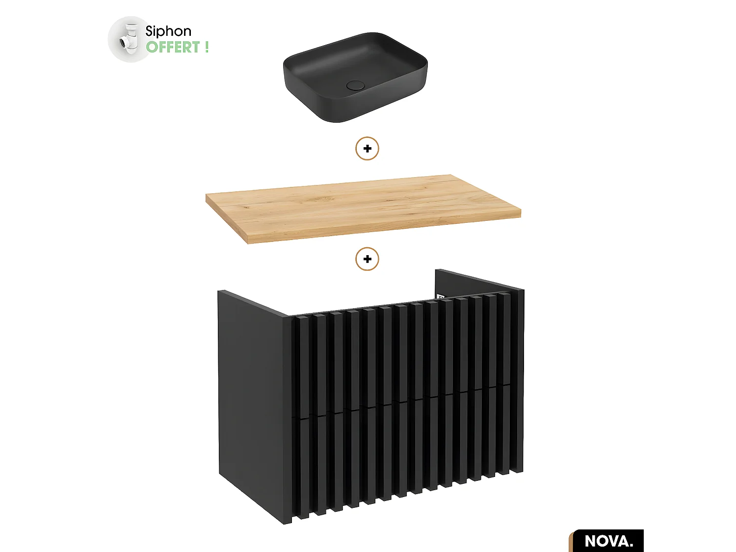 Ensemble meuble sous vasque avec vasque à poser - Siphon OFFERT | NOVA | OAK | 80 x 56 x 45 cm