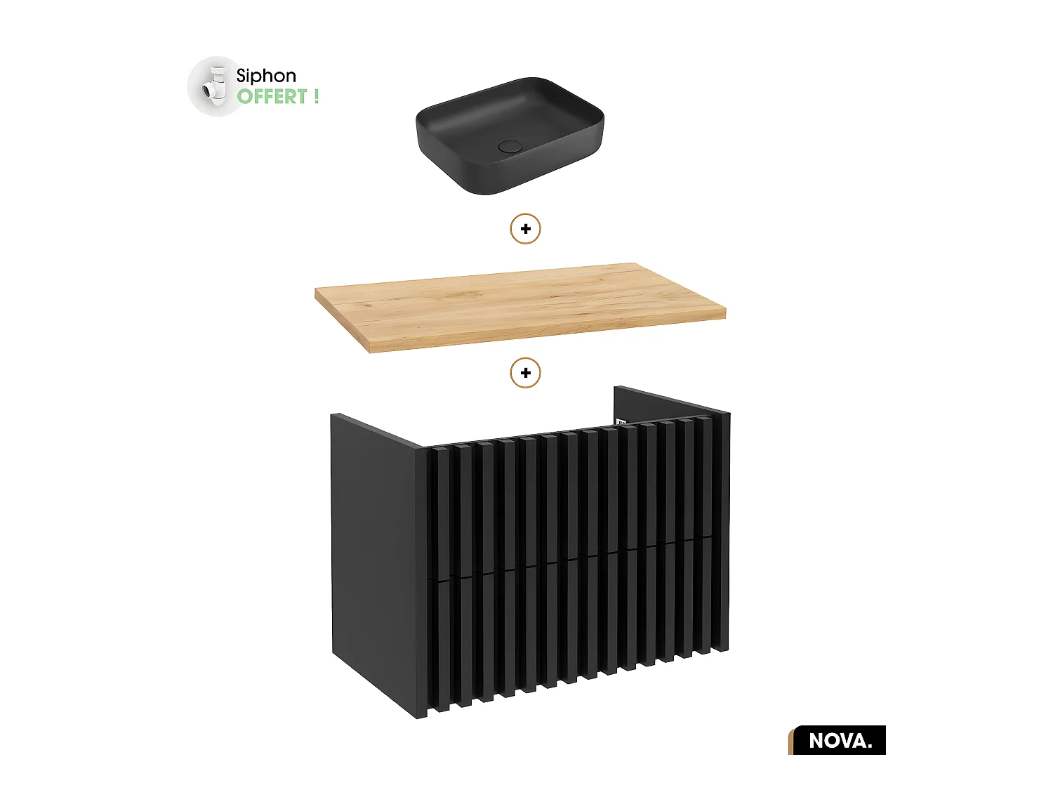 Ensemble meuble sous vasque avec vasque à poser - Siphon OFFERT | NOVA | OAK | 80 x 56 x 45 cm