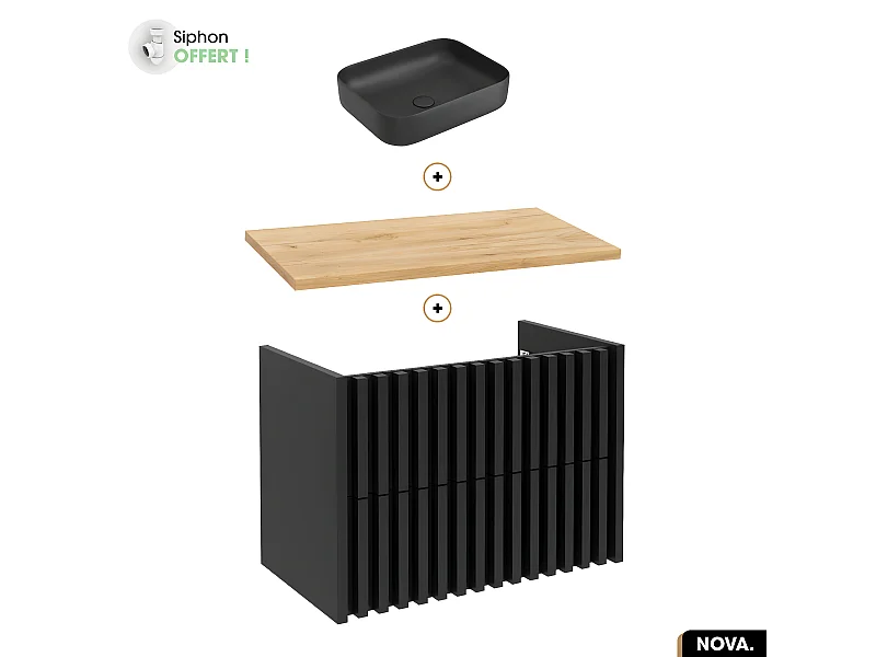 Ensemble meuble sous vasque avec vasque à poser - Siphon OFFERT | NOVA | OAK | 80 x 56 x 45 cm