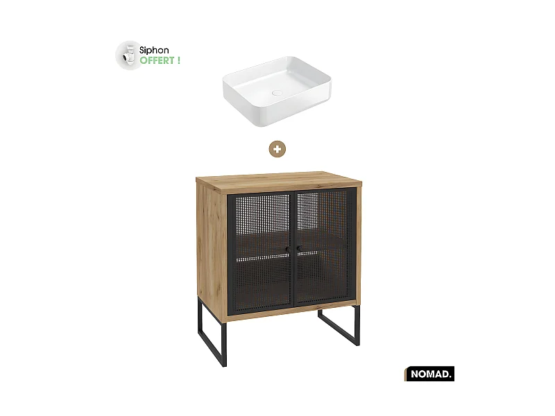 Ensemble meuble sous vasque avec vasque à poser - Siphon OFFERT | NOMAD | OAK | 70 x 80 x 43 cm