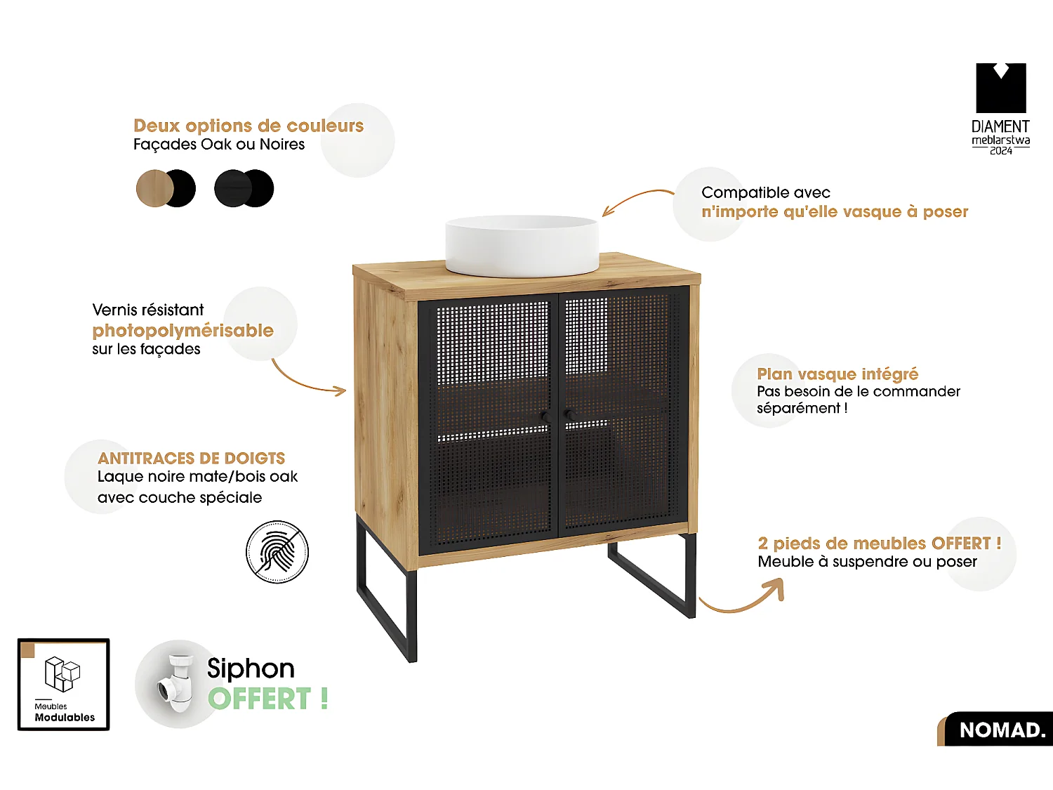 Ensemble meuble sous vasque avec vasque à poser - Siphon OFFERT | NOMAD | OAK | 70 x 80 x 43 cm