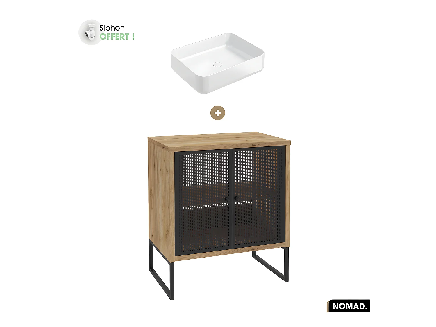 Ensemble meuble sous vasque avec vasque à poser - Siphon OFFERT | NOMAD | OAK | 70 x 80 x 43 cm