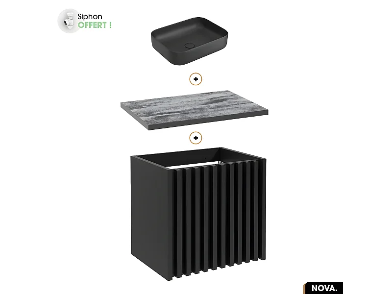 Ensemble meuble sous vasque avec vasque à poser - Siphon OFFERT | NOVA | NOIR | 60 x 56 x 45 cm