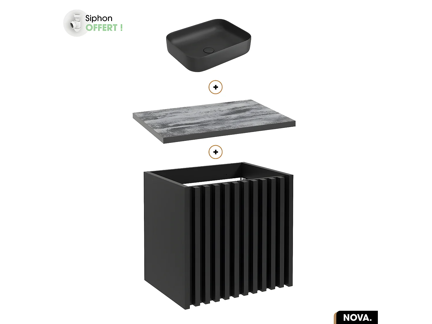 Ensemble meuble sous vasque avec vasque à poser - Siphon OFFERT | NOVA | NOIR | 60 x 56 x 45 cm