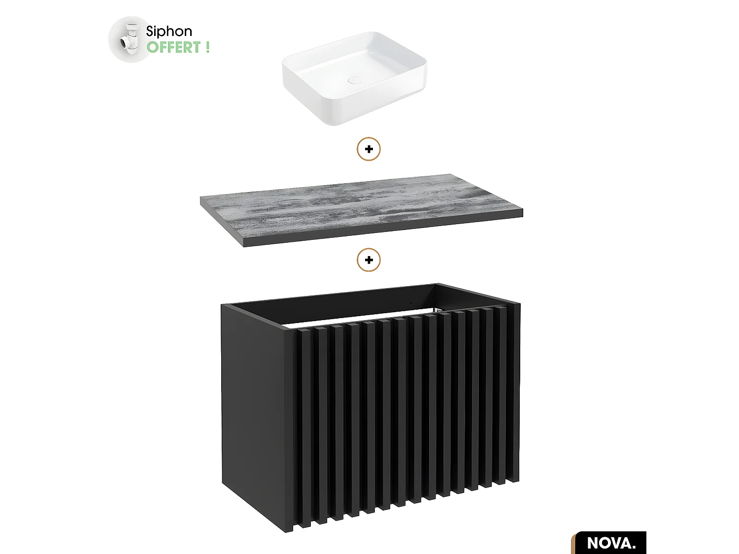 Ensemble meuble sous vasque avec vasque à poser - Siphon OFFERT | NOVA | NOIR | 80 x 56 x 45 cm