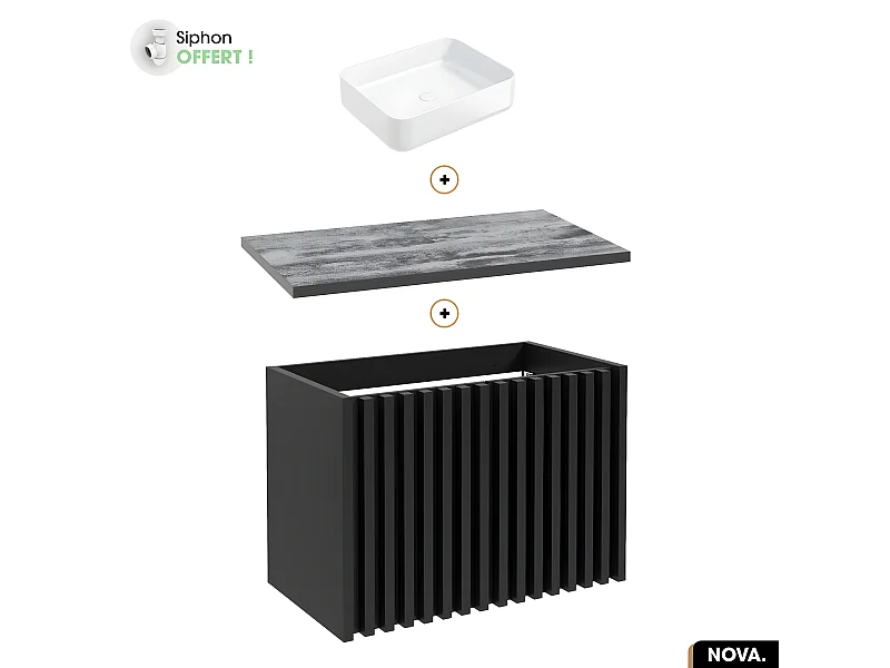 Ensemble meuble sous vasque avec vasque à poser - Siphon OFFERT | NOVA | NOIR | 80 x 56 x 45 cm