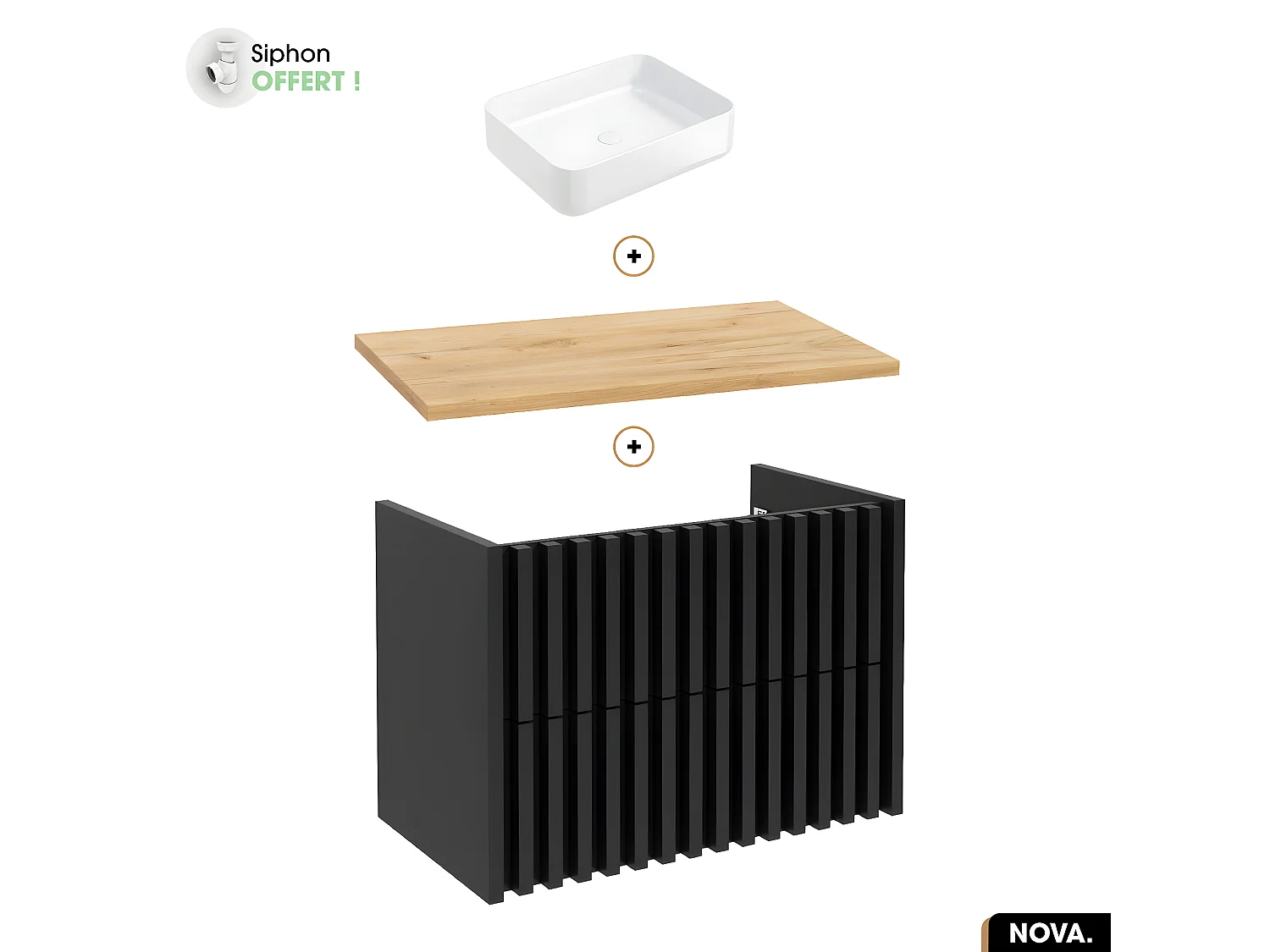 Ensemble meuble sous vasque avec vasque à poser - Siphon OFFERT | NOVA | OAK | 80 x 56 x 45 cm
