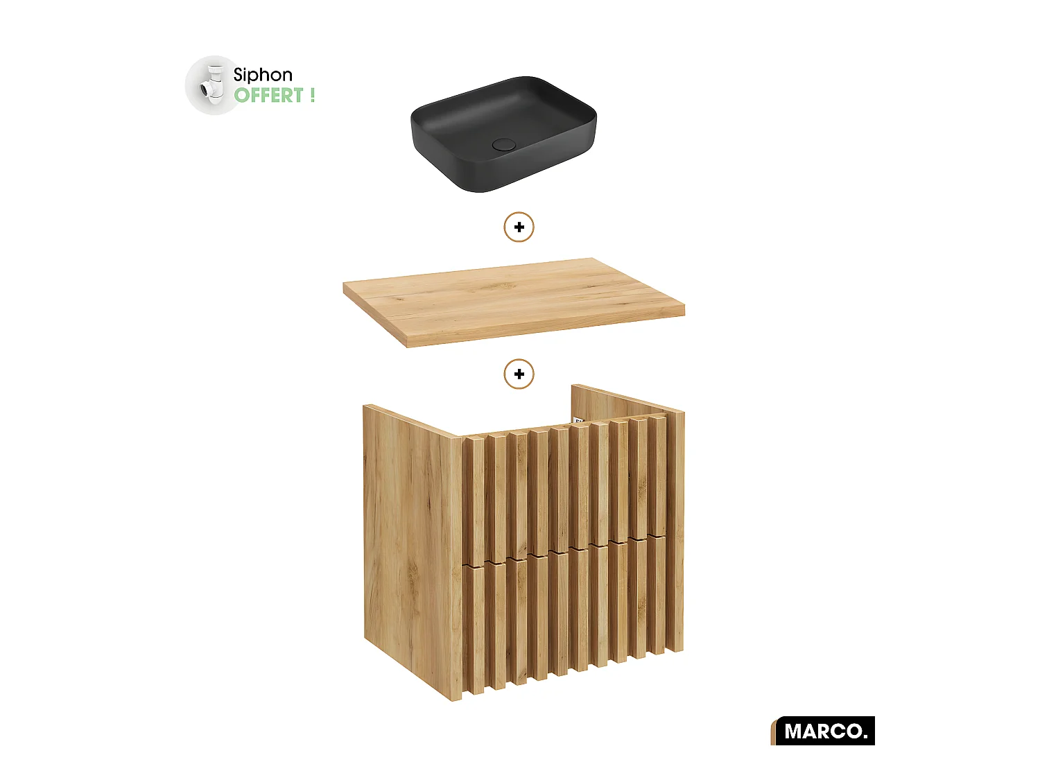 Ensemble meuble sous vasque avec vasque à poser - Siphon OFFERT | MARCO | OAK | 60 x 56 x 45 cm