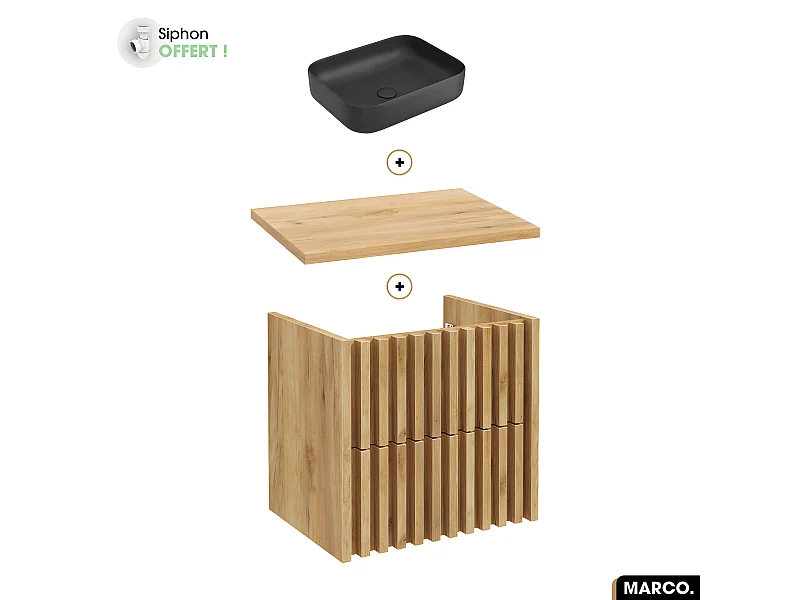 Ensemble meuble sous vasque avec vasque à poser - Siphon OFFERT | MARCO | OAK | 60 x 56 x 45 cm
