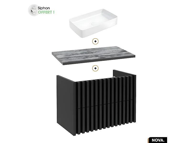 Ensemble meuble sous vasque avec vasque à poser - Siphon OFFERT | NOVA | NOIR | 80 x 56 x 45 cm