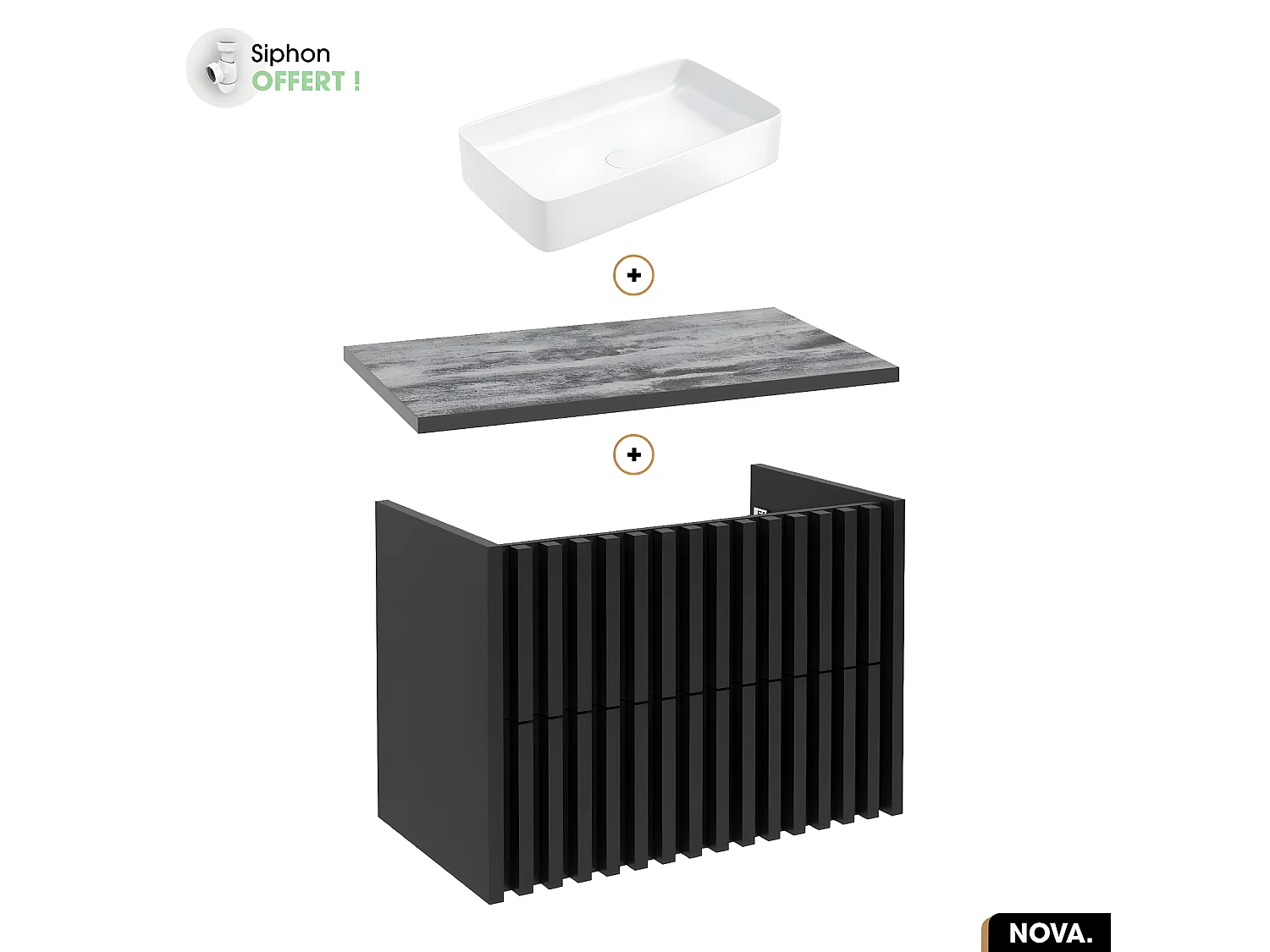 Ensemble meuble sous vasque avec vasque à poser - Siphon OFFERT | NOVA | NOIR | 80 x 56 x 45 cm