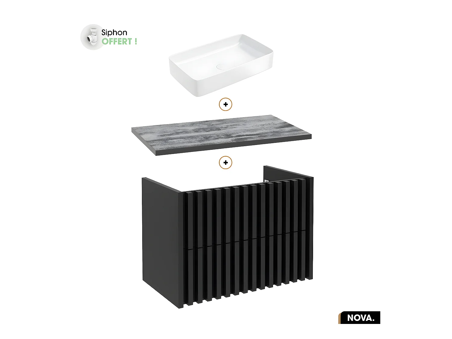 Ensemble meuble sous vasque avec vasque à poser - Siphon OFFERT | NOVA | NOIR | 80 x 56 x 45 cm