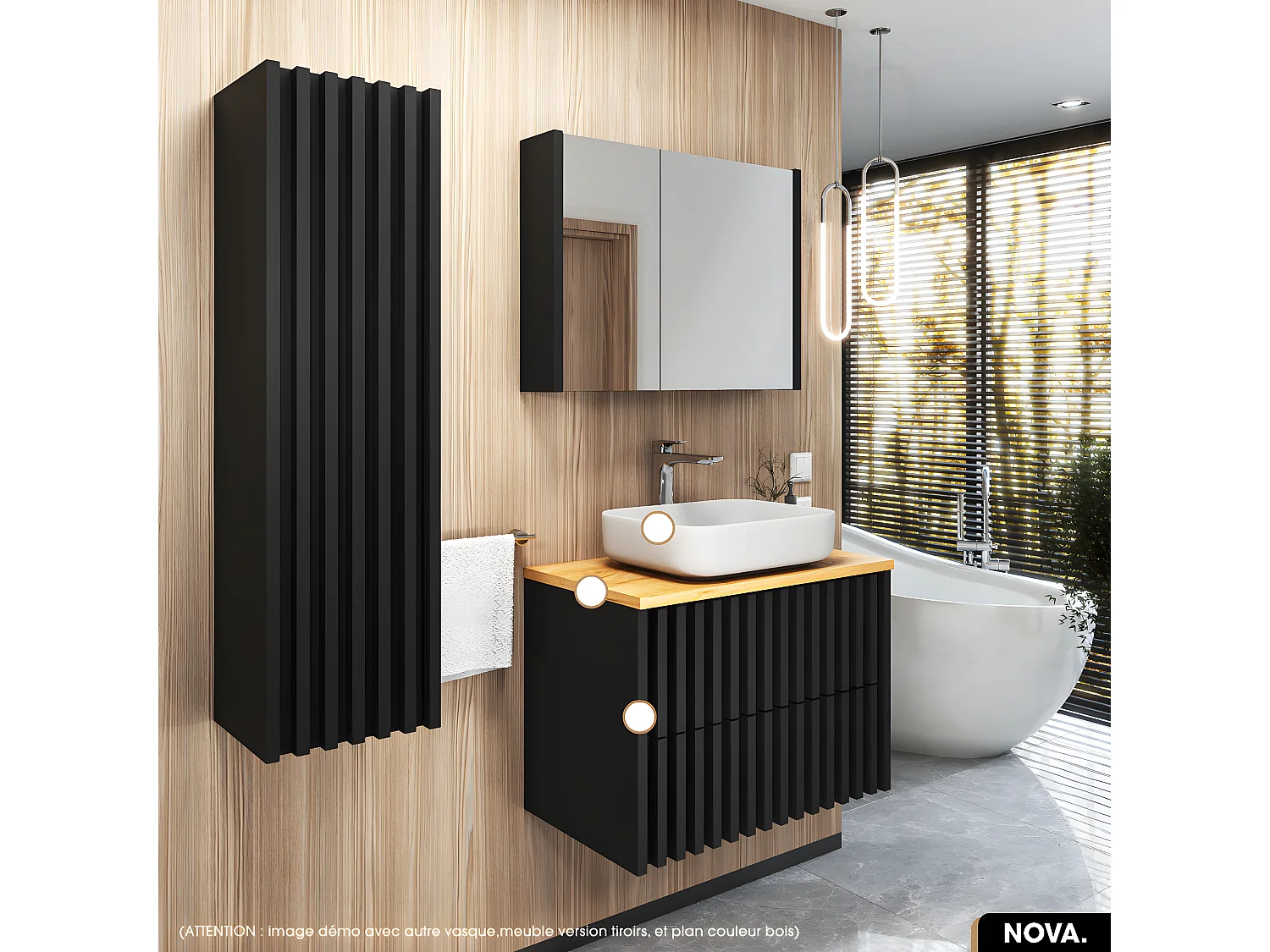Ensemble meuble sous vasque avec vasque à poser - Siphon OFFERT | NOVA | NOIR | 80 x 56 x 45 cm