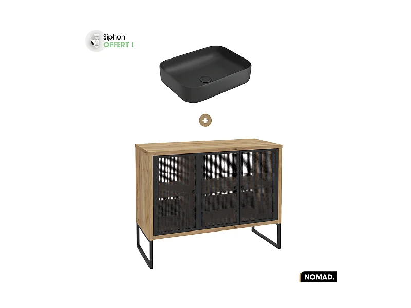 Ensemble meuble sous vasque avec vasque à poser - Siphon OFFERT | NOMAD | OAK | 102 x 80 x 43 cm