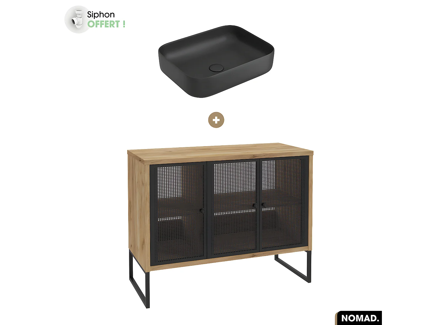 Ensemble meuble sous vasque avec vasque à poser - Siphon OFFERT | NOMAD | OAK | 102 x 80 x 43 cm