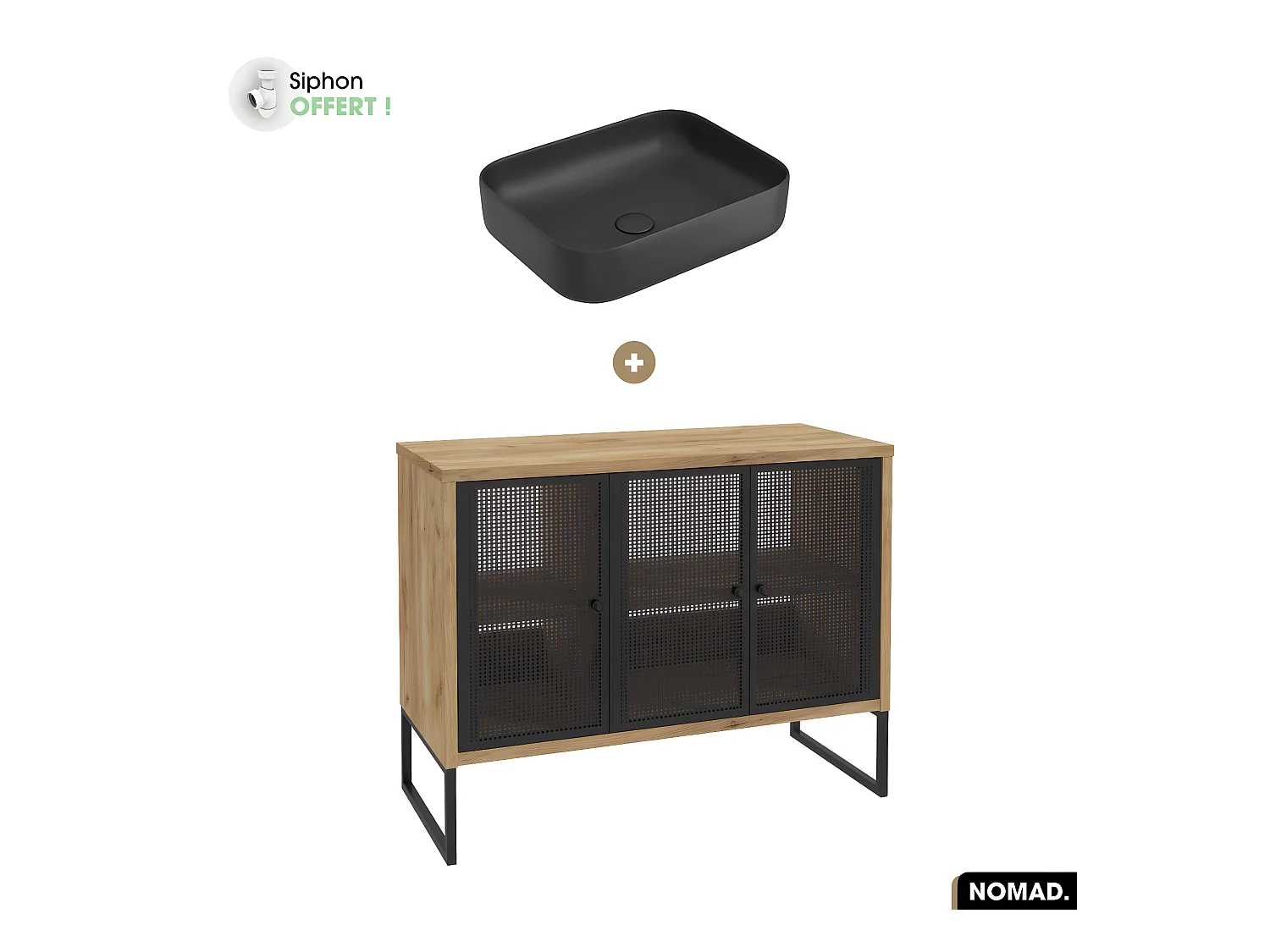 Ensemble meuble sous vasque avec vasque à poser - Siphon OFFERT | NOMAD | OAK | 102 x 80 x 43 cm