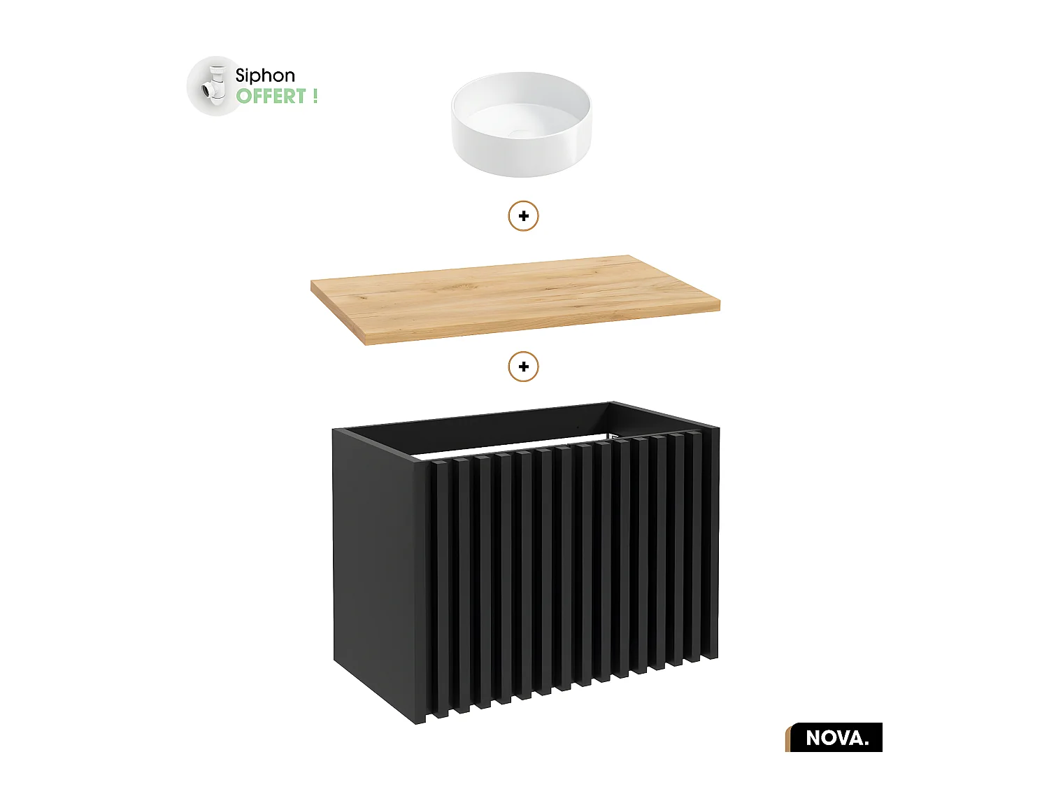 Ensemble meuble sous vasque avec vasque à poser - Siphon OFFERT | NOVA | OAK | 80 x 56 x 45 cm