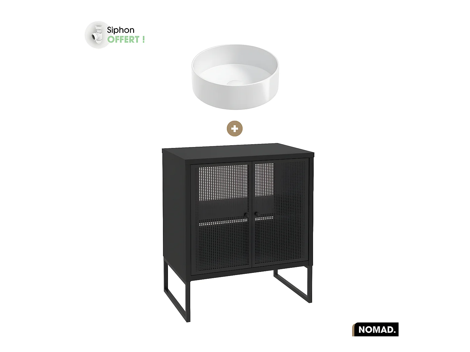 Ensemble meuble sous vasque avec vasque à poser - Siphon OFFERT | NOMAD | NOIR | 70 x 80 x 43 cm