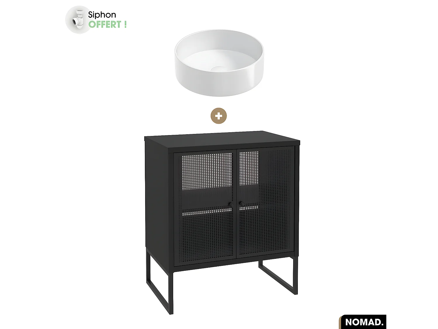 Ensemble meuble sous vasque avec vasque à poser - Siphon OFFERT | NOMAD | NOIR | 70 x 80 x 43 cm