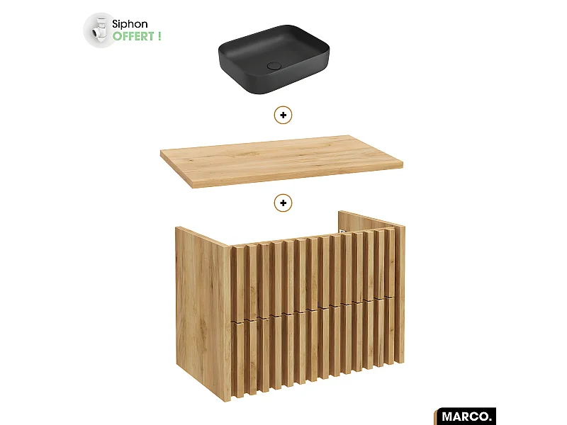 Ensemble meuble sous vasque avec vasque à poser - Siphon OFFERT | MARCO | OAK | 80 x 56 x 45 cm