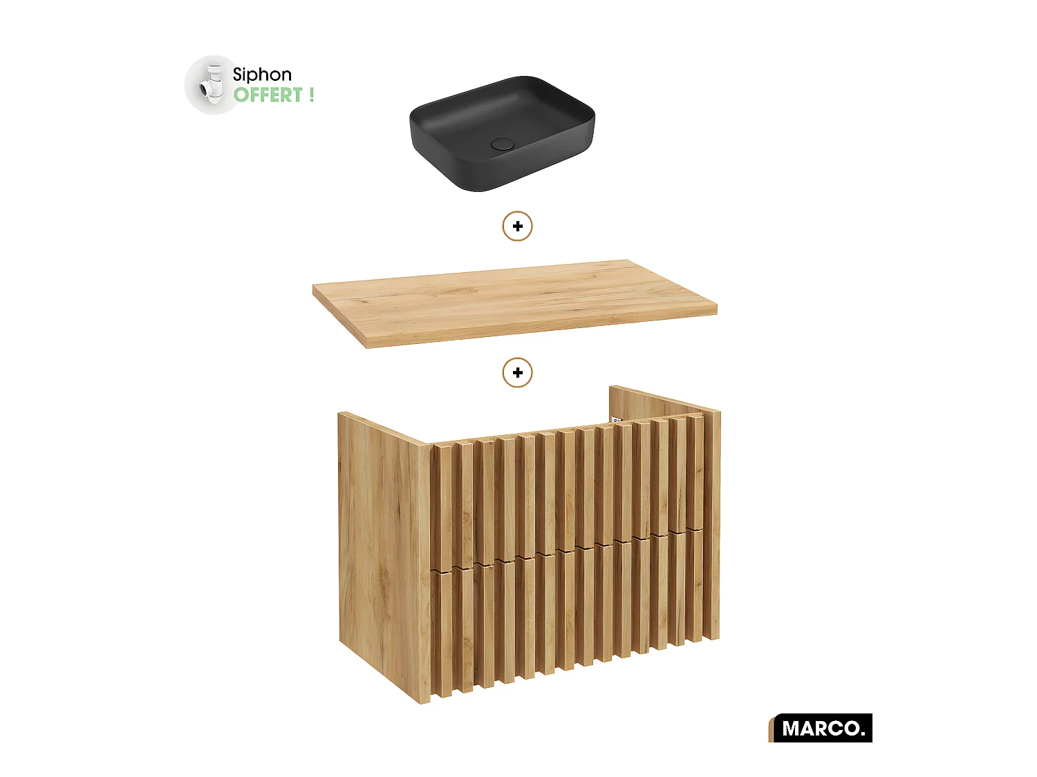 Ensemble meuble sous vasque avec vasque à poser - Siphon OFFERT | MARCO | OAK | 80 x 56 x 45 cm