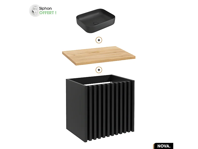 Ensemble meuble sous vasque avec vasque à poser - Siphon OFFERT | NOVA | OAK | 60 x 56 x 45 cm