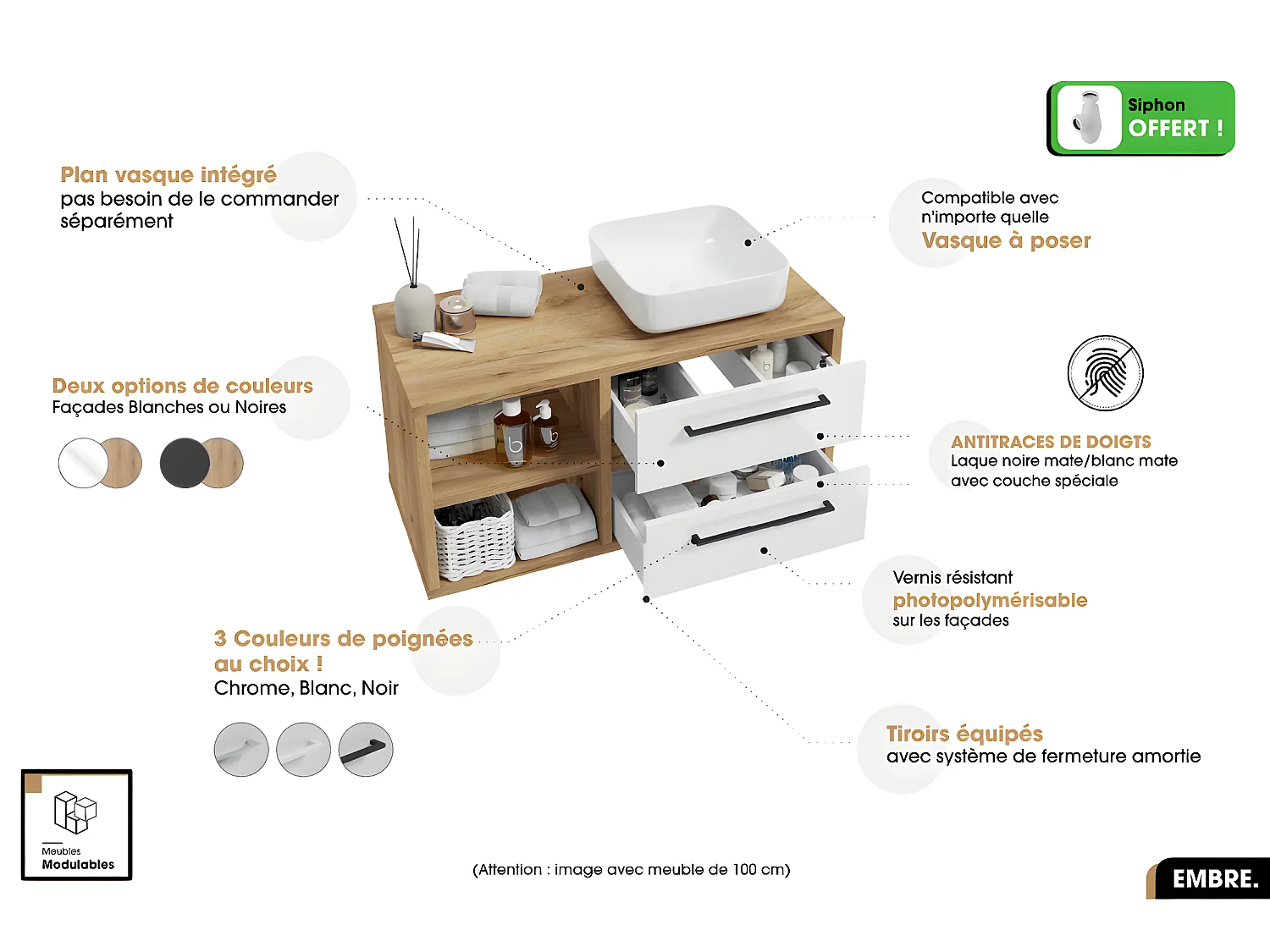 Ensemble meuble sous vasque avec vasque à poser - Siphon OFFERT | EMBRE | Blanc | 80 x 50 x 45 cm