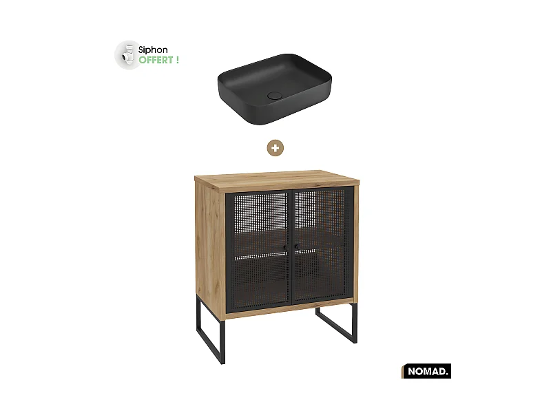 Ensemble meuble sous vasque avec vasque à poser - Siphon OFFERT | NOMAD | OAK | 70 x 80 x 43 cm