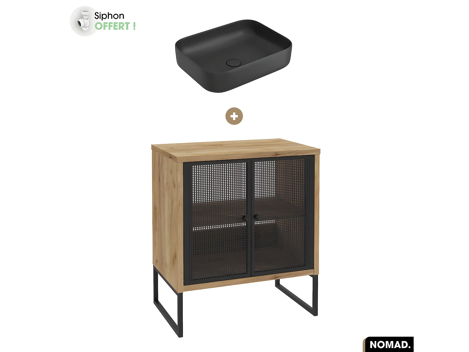 Ensemble meuble sous vasque avec vasque à poser - Siphon OFFERT | NOMAD | OAK | 70 x 80 x 43 cm