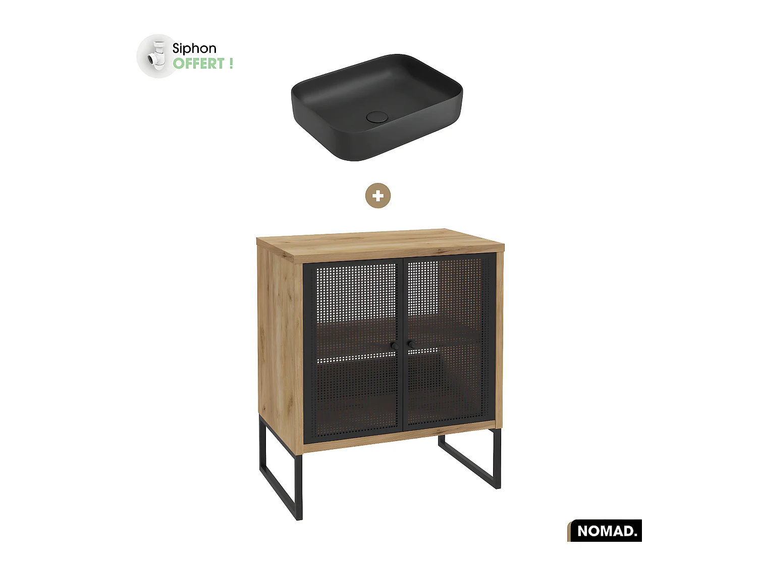 Ensemble meuble sous vasque avec vasque à poser - Siphon OFFERT | NOMAD | OAK | 70 x 80 x 43 cm