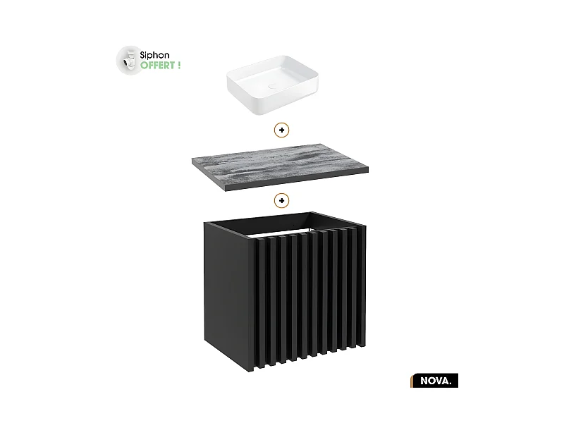 Ensemble meuble sous vasque avec vasque à poser - Siphon OFFERT | NOVA | NOIR | 60 x 56 x 45 cm