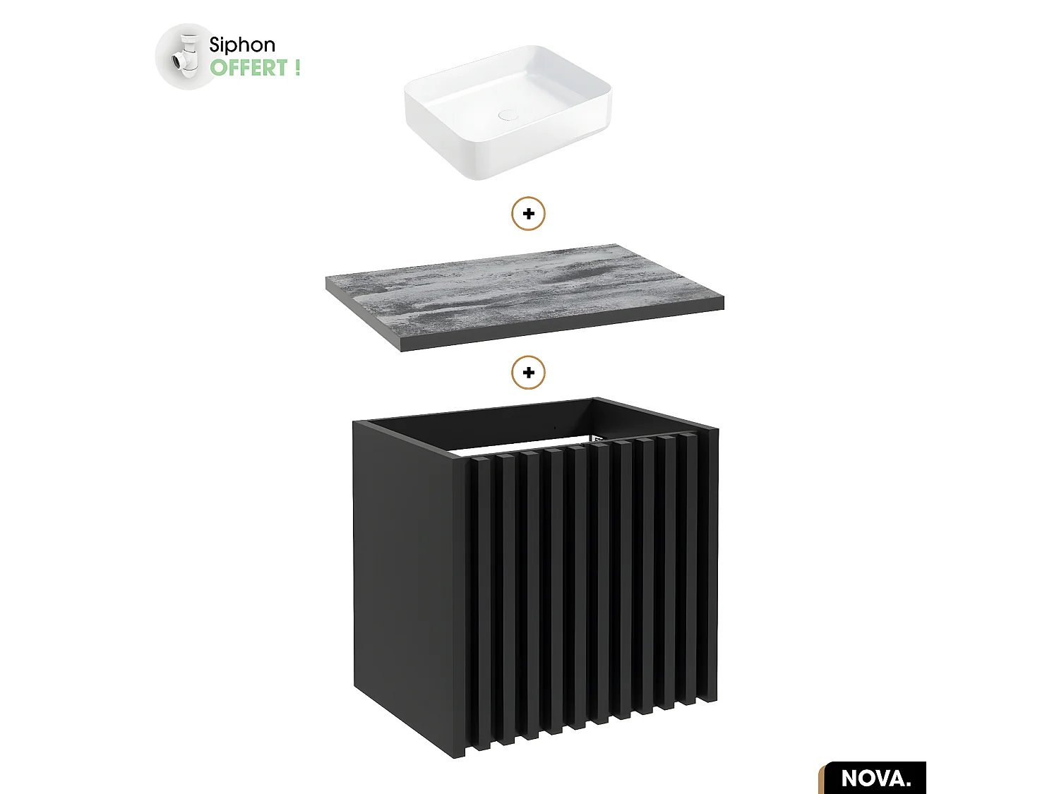 Ensemble meuble sous vasque avec vasque à poser - Siphon OFFERT | NOVA | NOIR | 60 x 56 x 45 cm