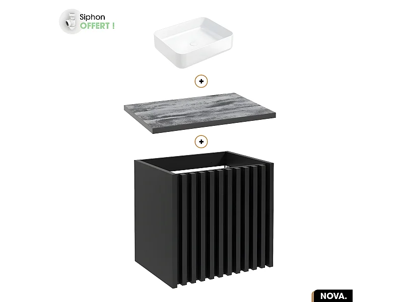 Ensemble meuble sous vasque avec vasque à poser - Siphon OFFERT | NOVA | NOIR | 60 x 56 x 45 cm