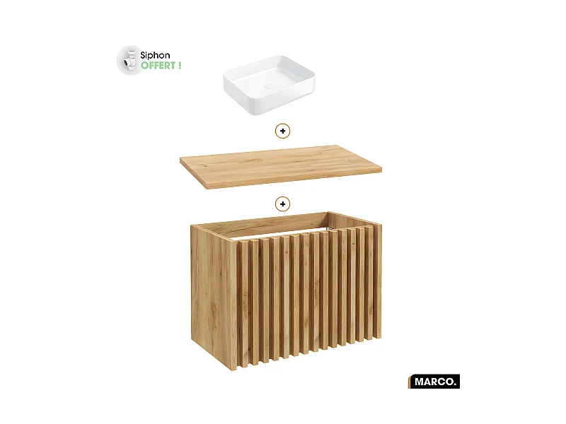 Ensemble meuble sous vasque avec vasque à poser - Siphon OFFERT | MARCO | OAK | 80 x 56 x 45 cm