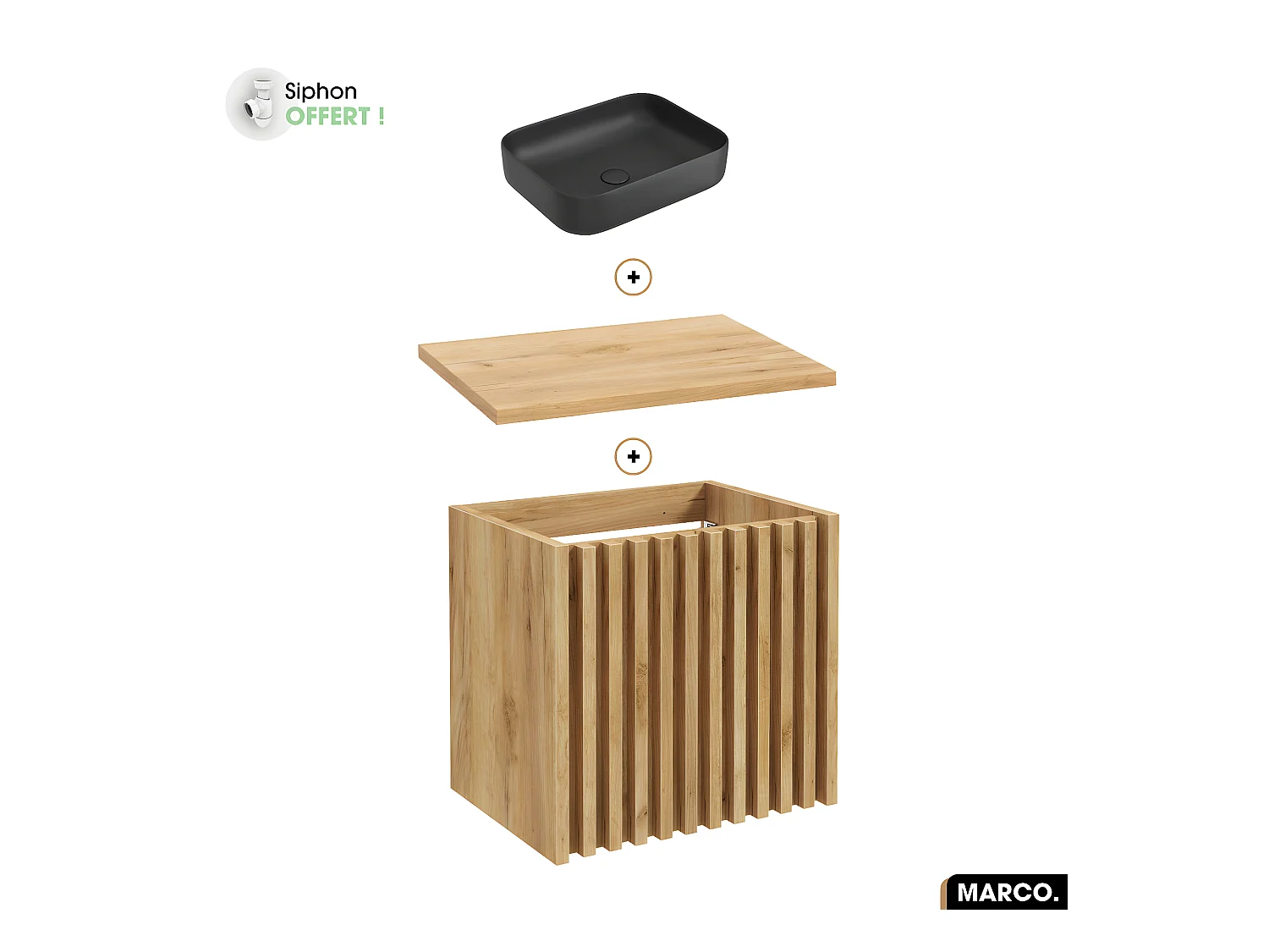 Ensemble meuble sous vasque avec vasque à poser - Siphon OFFERT | MARCO | OAK | 60 x 56 x 45 cm
