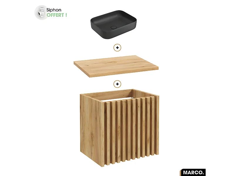Ensemble meuble sous vasque avec vasque à poser - Siphon OFFERT | MARCO | OAK | 60 x 56 x 45 cm