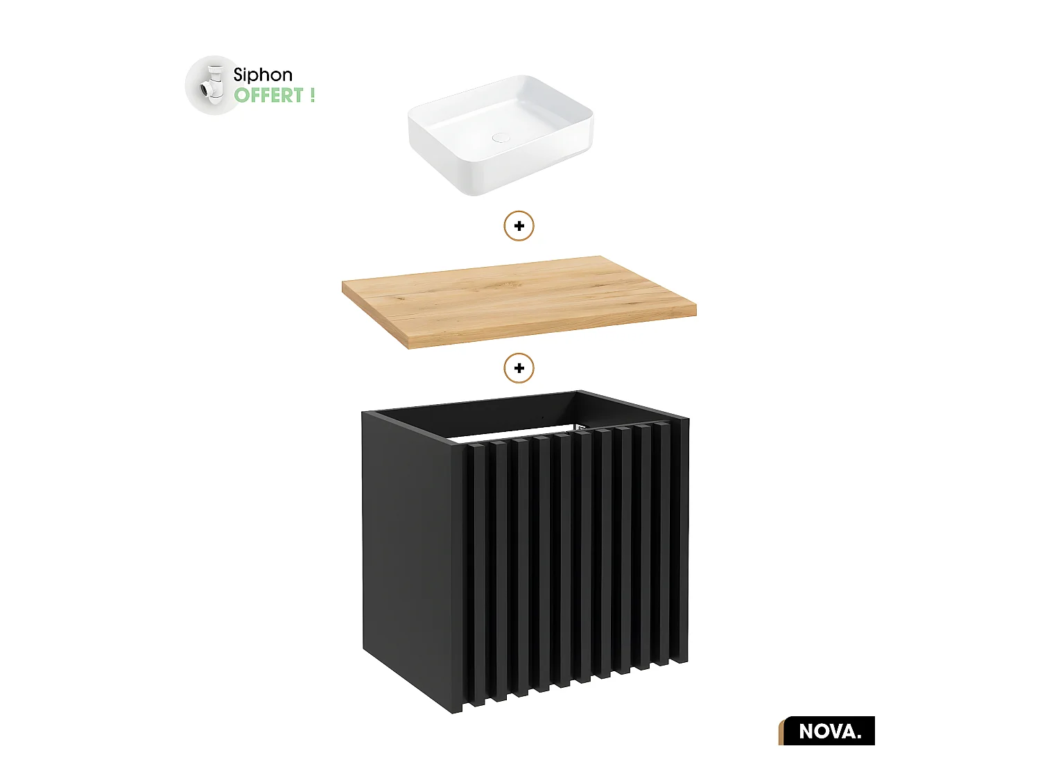 Ensemble meuble sous vasque avec vasque à poser - Siphon OFFERT | NOVA | OAK | 60 x 56 x 45 cm