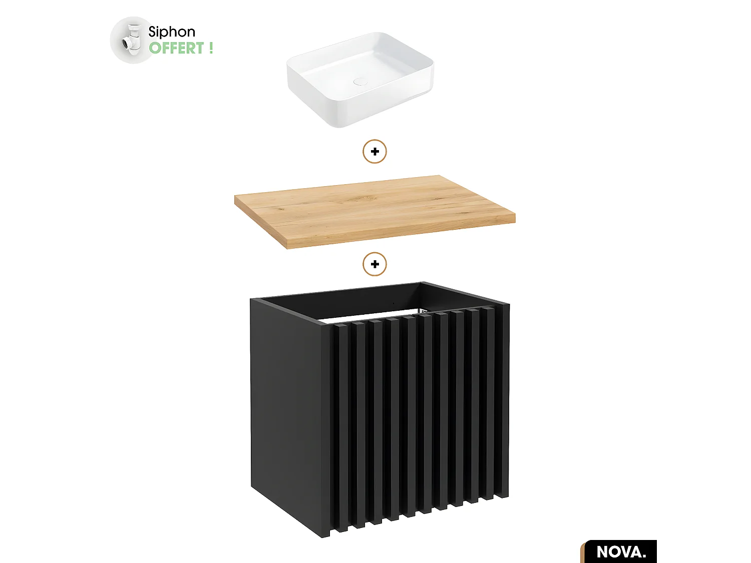 Ensemble meuble sous vasque avec vasque à poser - Siphon OFFERT | NOVA | OAK | 60 x 56 x 45 cm